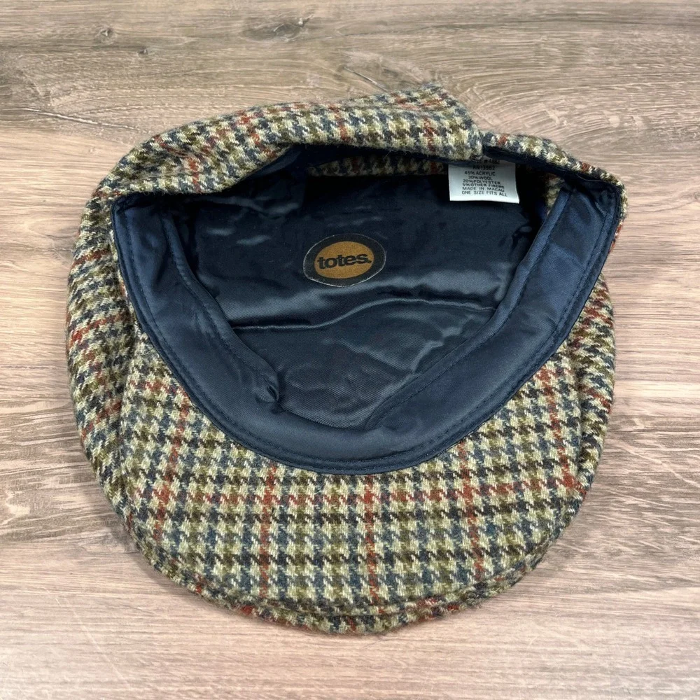Totes Flat Cap Newsboy Mens OSFA Green Brown Plaid Wool Blend Ivy Scally Hat